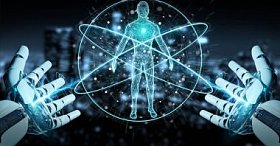 白色机器人手扫描人体3d 渲染