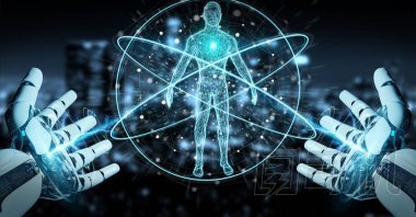 白色機(jī)器人手掃描人體3d 渲染