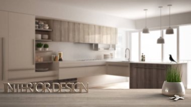 木制桌或擱架與盆栽草植物, 房子鑰匙和3d 信件做詞室內(nèi)設(shè)計(jì), 在模糊的現(xiàn)代廚房, 項(xiàng)目概念建筑學(xué)背景