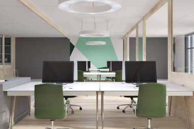 灰色綠色模式開放式規(guī)劃辦公室前視圖