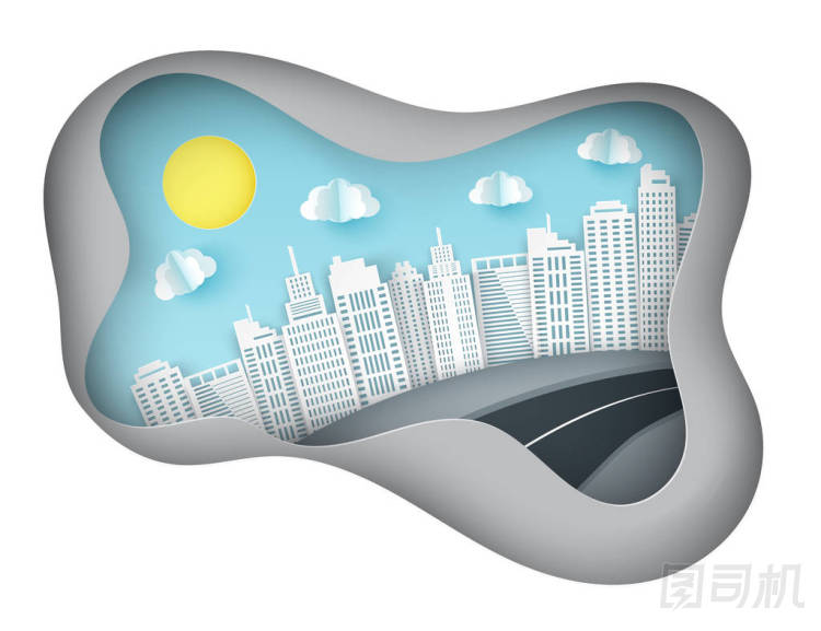 具有城市景觀的紙藝背景。蓬松的紙?jiān)? 路