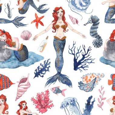 無縫圖案與水彩美人魚, 貝殼, 海星, 魚和海藻