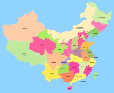 中国地图显示在蓝色背景下的省份隔离
