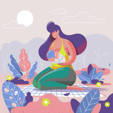 母亲母乳喂养她的孩子在公园, 矢量插图