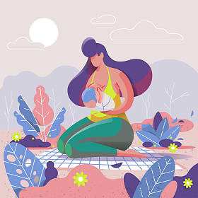 母亲母乳喂养她的孩子在公园, 矢量插图