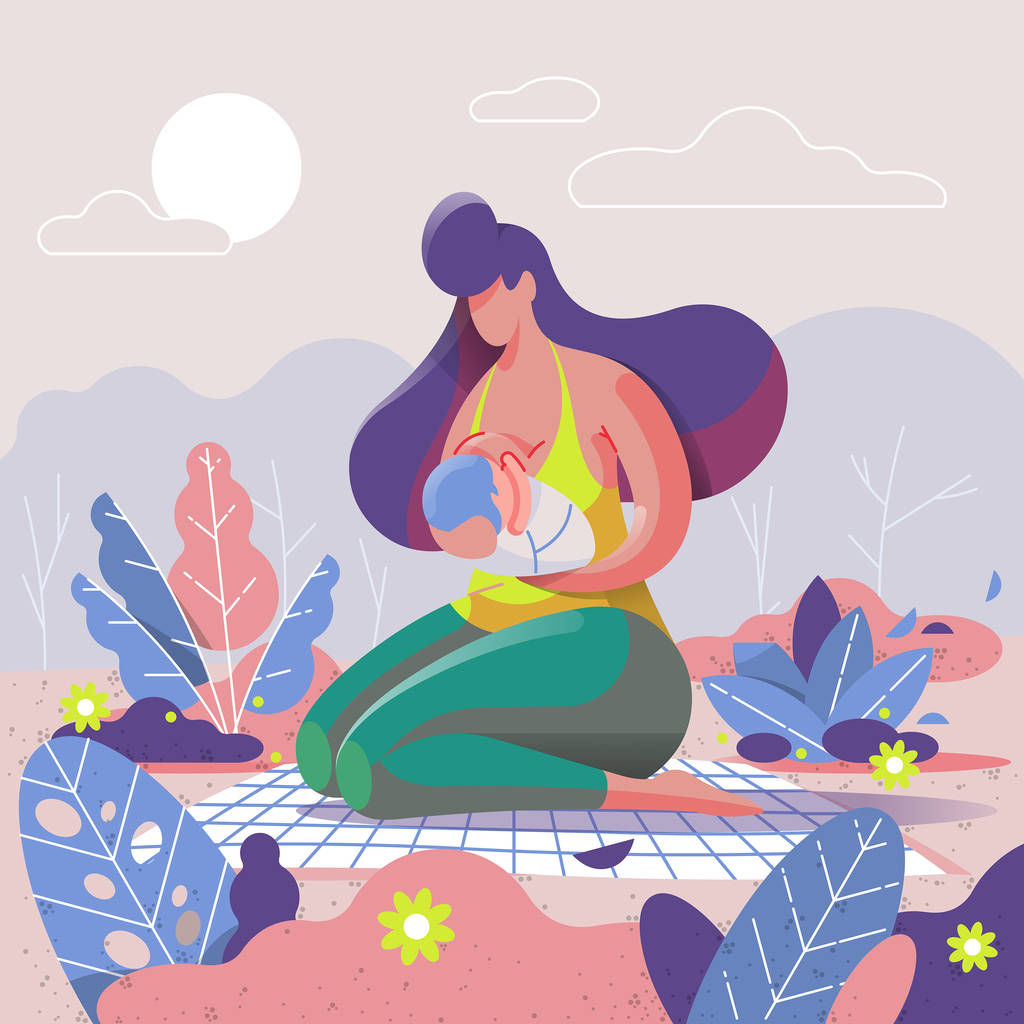 母亲母乳喂养她的孩子在公园, 矢量插图