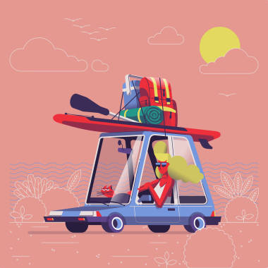 女孩與貓?jiān)谄嚺c沖浪設(shè)備在頂部, 向量例