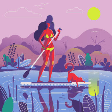 女孩与她的猫桨野猪, 矢量插图