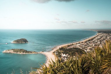 沙灘上 Maunganui 半島晴朗天氣的鳥瞰圖