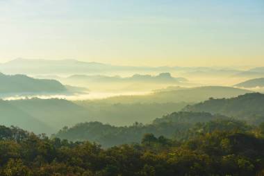 一看天空, 薄霧, 山觀在黎明前的清晨, 仰望山頂。清晨日出在高山上