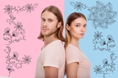 可愛的年輕夫婦的肖像反對華麗圖案