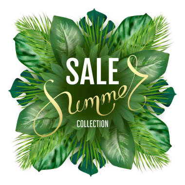 照片逼真的棕榈叶和手写字体的文字夏天, 销售收集在一个光的背景。宣传、杂志、广告海报