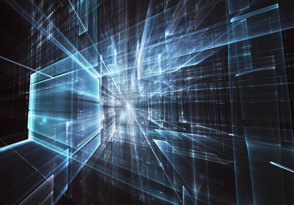 抽象未来技术背景-计算机生成的3d 图像。分形艺术: 玻璃室或超现实主义城市的街道与轻的效果。高技术或虚拟现实概念 抽象未来技术背景-计算机生成的3d 图像。分形艺术: 玻璃室或超现实主义城市的街道与轻的效果。高技术或虚拟现实概念