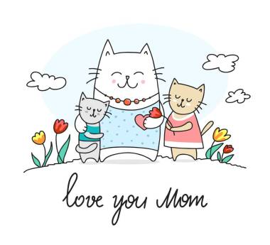 快乐的猫妈妈和她的孩子们。爱妈扁向量动物插画