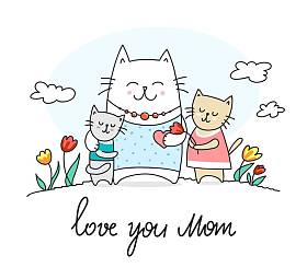 快乐的猫妈妈和她的孩子们。爱妈扁向量动物插画