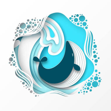 剪紙卡通鯨在海上或海浪的折紙時尚工藝風(fēng)格?？鞓返目ㄍL魚。海洋生物在造紙藝術(shù)中的深層風(fēng)格。向量