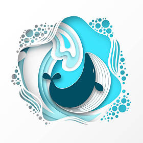 剪纸卡通鲸在海上或海浪的折纸时尚工艺风格。快乐的卡通鲸鱼。海洋生物在造纸艺术中的深层风格。向量