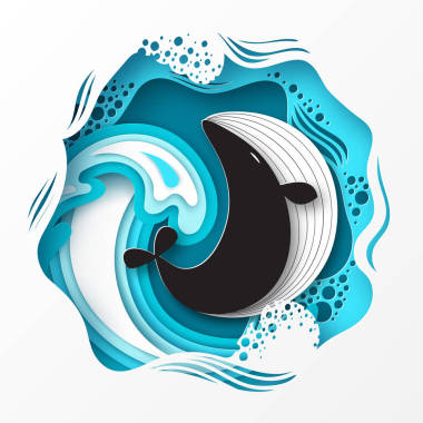 剪紙卡通鯨在海上或海浪的折紙時尚工藝風(fēng)格。快樂的卡通鯨魚。海洋生物在造紙藝術(shù)中的深層風(fēng)格。向量