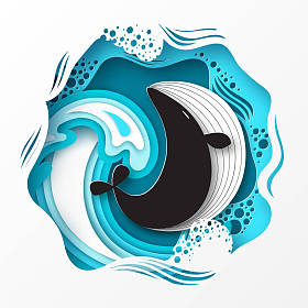 剪纸卡通鲸在海上或海浪的折纸时尚工艺风格。快乐的卡通鲸鱼。海洋生物在造纸艺术中的深层风格。向量