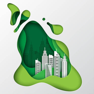 現(xiàn)代紙藝城市觀。白色的 scycrapers, 波浪。時(shí)髦的 origamy 剪紙風(fēng)格的綠色色調(diào)。在白色上隔離