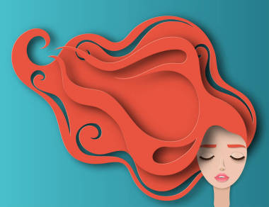 矢量肖像的年輕美麗的女人與長紅卷發(fā)。現(xiàn)代數(shù)字紙層藝術。折紙風格。美與時尚理念