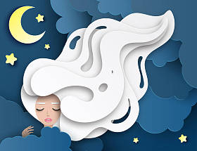 睡梦中的年轻美丽女子的矢量画像，长发波浪形。蓬松的纸云,月亮和星星.美梦的概念。现代数码纸分层艺术。Origami风格. 