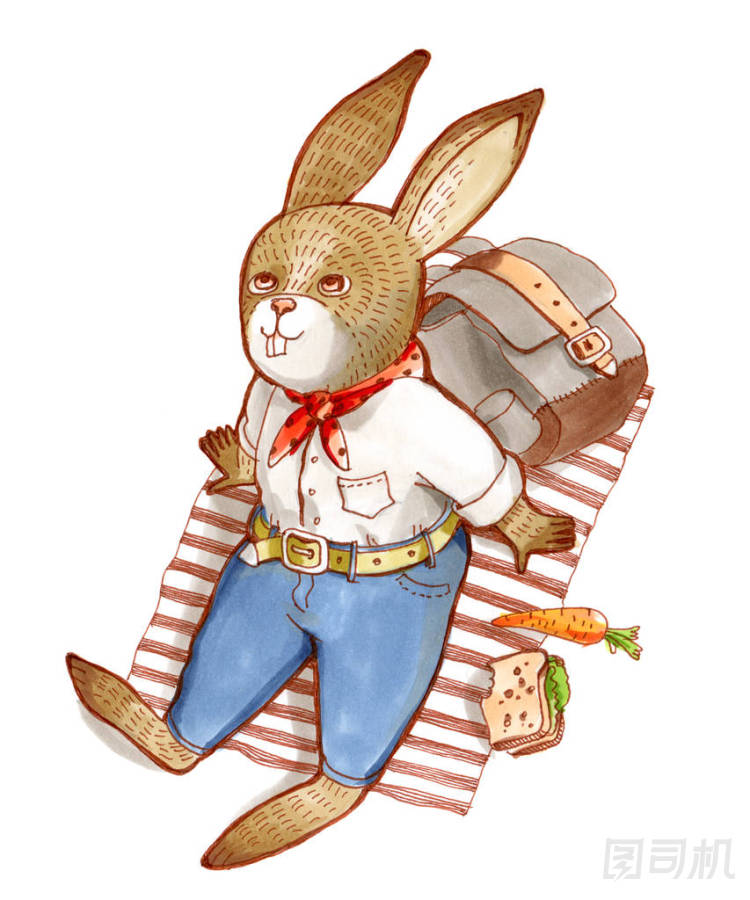 光柵顏色插圖。人性化的動(dòng)物。穿著襯衣和牛仔褲的兔子躺在外面的蓋子上, 看