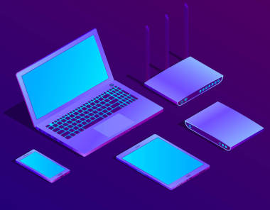 矢量3d 等距筆記本電腦, 帶有 wi-fi 的路由器