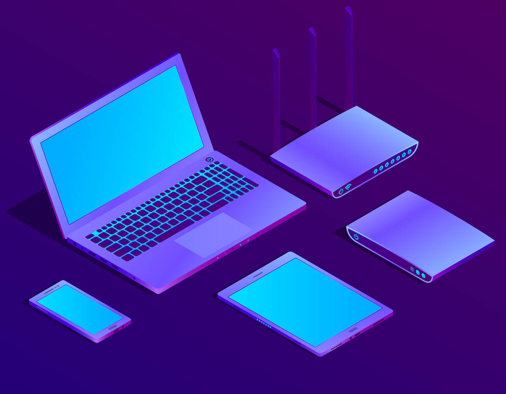 矢量3d 等距笔记本电脑, 带有 wi-fi 的路由器 矢量3d 等距笔记本电脑, 带有 wi-fi 的路由器