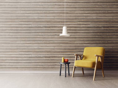 现代客厅的黄色扶手椅和灯。斯堪的纳维亚室内设计家具。3d 渲染插图