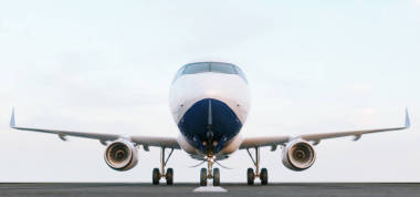 白色的商用飛機在日落時站在機場跑道上?？瓦\飛機正在起飛。飛機概念 3d 圖