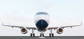 白色的商用飞机在日落时站在机场跑道上。客运飞机正在起飞。飞机概念 3d 图