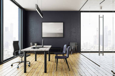 現(xiàn)代辦公室內(nèi)部與全景城市看法和圖片。3d 渲染