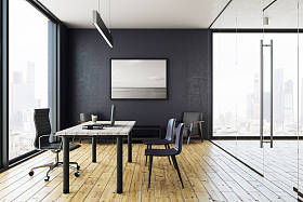 现代办公室内部与全景城市看法和图片。3d 渲染