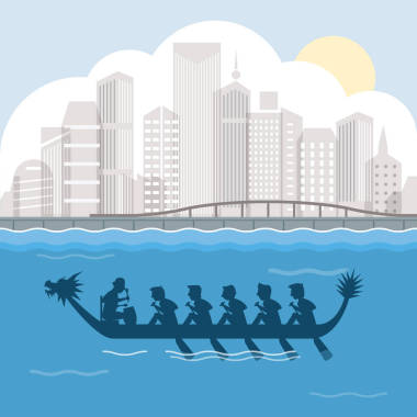 龍舟與城市海港矢量插畫