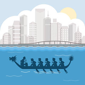 龙舟与城市海港矢量插画