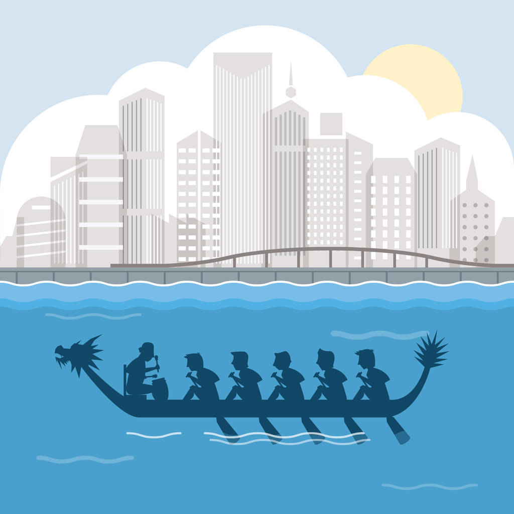 龙舟与城市海港矢量插画 龙舟与城市海港矢量插画