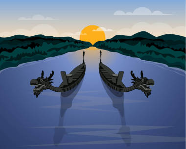 一條龍舟和自然風(fēng)光背景插圖