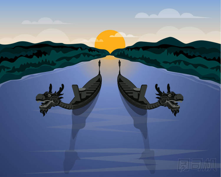 一條龍舟和自然風(fēng)光背景插圖