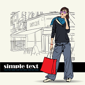 性感时尚女孩在街咖啡馆背景上的素描样式。矢量插画