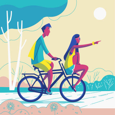 森林中情侣骑自行车的矢量图解设计