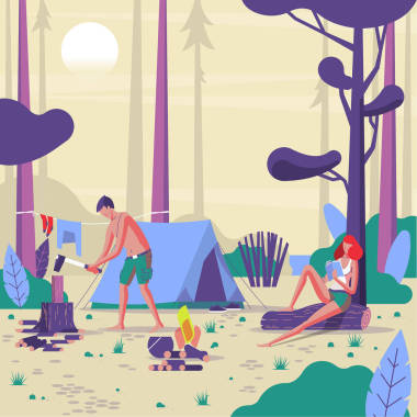 森林露营人的矢量插画设计