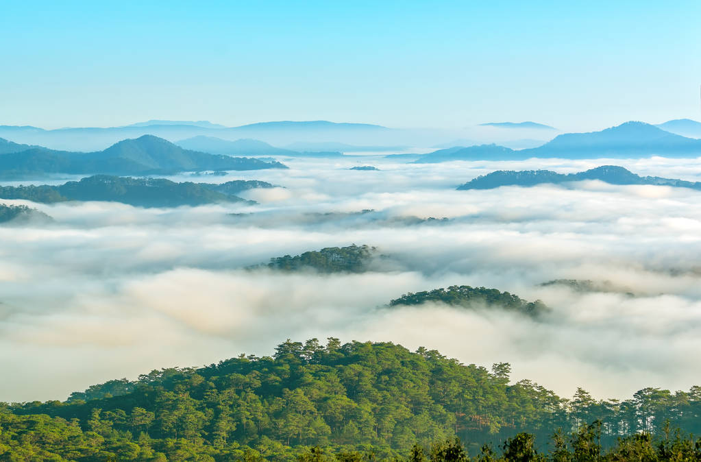 景观晨雾笼罩山谷像云漂浮在美妙的田园高地的大叻, 越南 景观晨雾笼罩山谷像云漂浮在美妙的田园高地的大叻, 越南