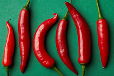 紅辣椒排在綠面上的最高視圖