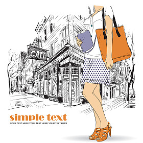 性感时尚女孩在街咖啡馆背景上的素描样式。矢量插画