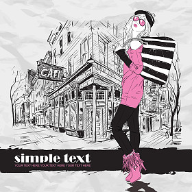 性感时尚女孩在街咖啡馆背景上的素描样式。矢量插画