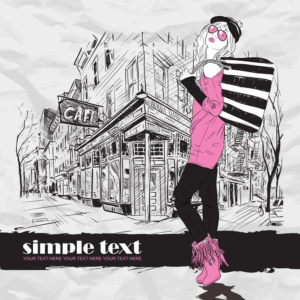 性感时尚女孩在街咖啡馆背景上的素描样式。矢量插画