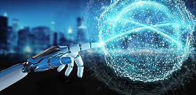 白色仿人手在模糊背景下使用数字全球网络3d 渲染