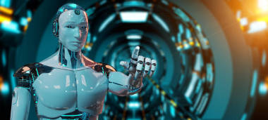 白色的男性機(jī)器人指向他的 fingeron 黑暗的宇宙飛船背景3d 渲染