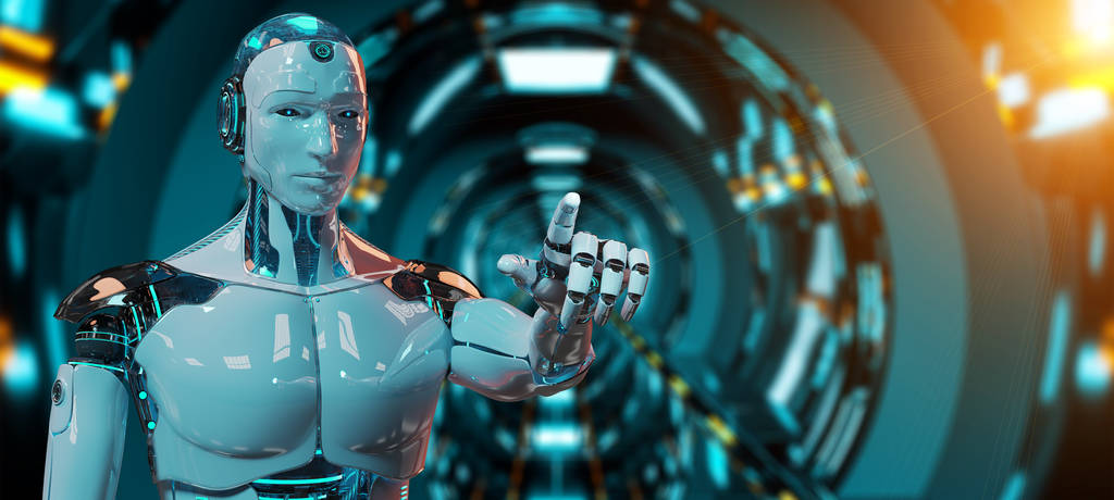 白色的男性机器人指向他的 fingeron 黑暗的宇宙飞船背景3d 渲染 白色的男性机器人指向他的 fingeron 黑暗的宇宙飞船背景3d 渲染